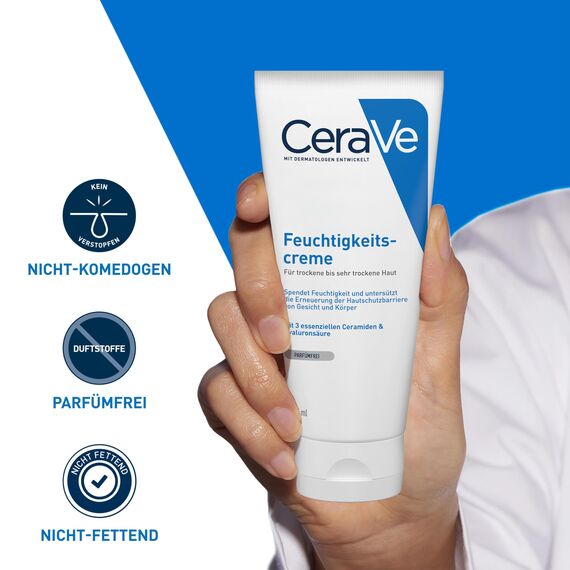CeraVe Feuchtigkeitscreme für Körper und Gesicht, Creme für trockene bis sehr trockene Haut, Mit Hyaluron und 3 essenziellen Ceramiden, Auch bei Neurodermitis und für Allergiker, 177 ml