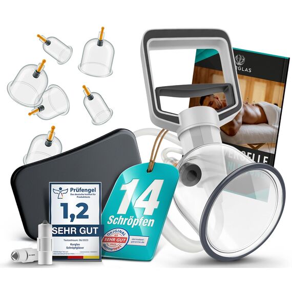 KURGLAS Schröpfgläser mit Vakuumpumpe [14 Stück] - Medizinische Schröpfen mit Therapiemagneten & Faszienschaber - Schröpfset mit e-Book - Schröpfglas aus Kunststoff - Gegen Verspannungen & Cellulite