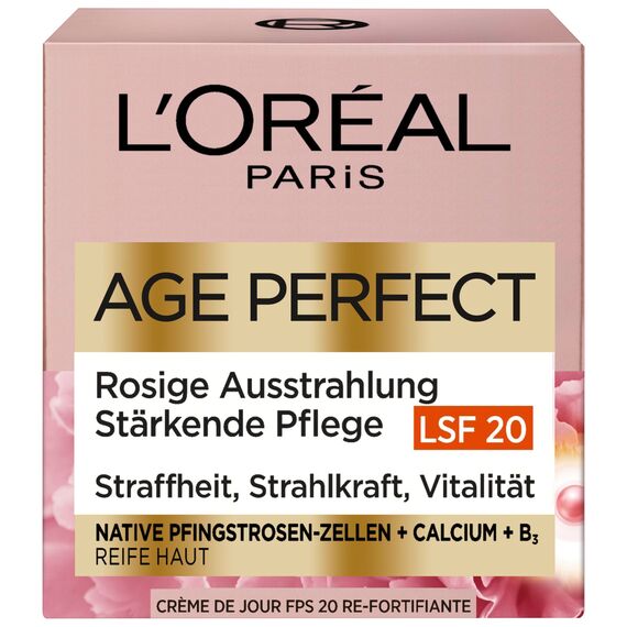 L'Oréal Paris Rosé Tagespflege LSF 20 für Frauen, für eine ebenmäßige & strahlende Haut & rosig frische Ausstrahlung mit Pfingsrosen-Zellen, Calcium und Vitamin B3, Age Perfect Golden Age1x 50ml