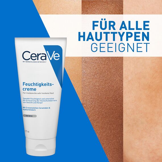 CeraVe Feuchtigkeitscreme für Körper und Gesicht, Creme für trockene bis sehr trockene Haut, Mit Hyaluron und 3 essenziellen Ceramiden, Auch bei Neurodermitis und für Allergiker, 177 ml