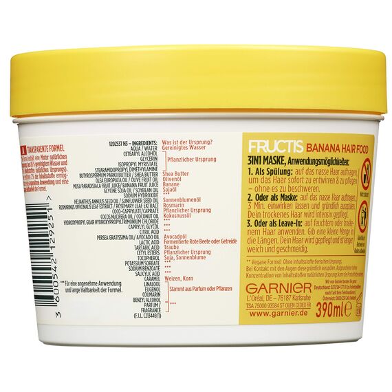 Garnier Haarmaske, Pflegendes Banana Hair Food, Hairfood feuchtigkeitsspendende 3in1 Maske, für trockenes Haar, pflegt und verleiht dem Haar mehr Geschmeidigkeit, Fructis, 390 ml