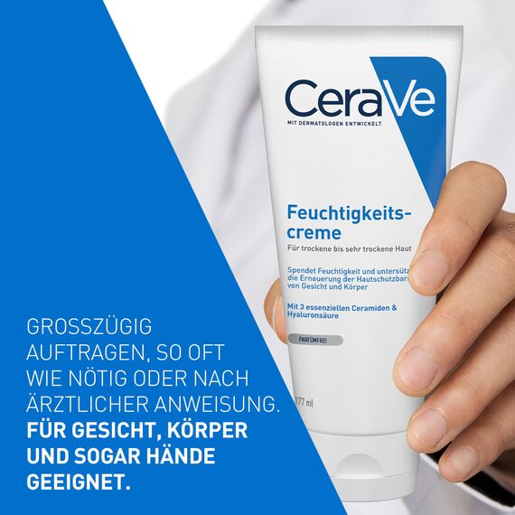 CeraVe Feuchtigkeitscreme für Körper und Gesicht, Creme für trockene bis sehr trockene Haut, Mit Hyaluron und 3 essenziellen Ceramiden, Auch bei Neurodermitis und für Allergiker, 177 ml