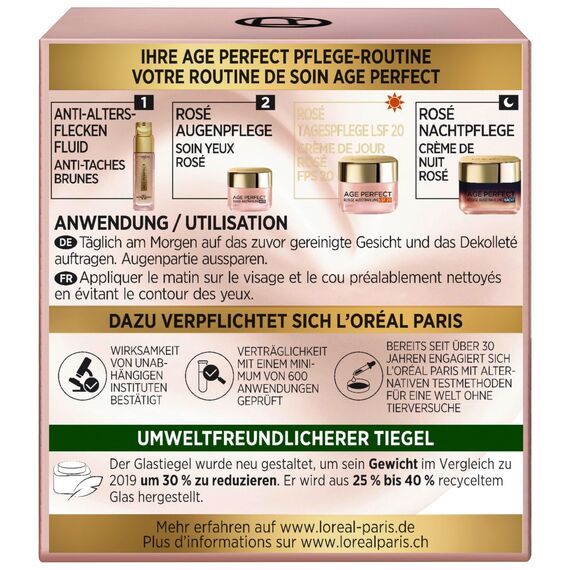 L'Oréal Paris Rosé Tagespflege LSF 20 für Frauen, für eine ebenmäßige & strahlende Haut & rosig frische Ausstrahlung mit Pfingsrosen-Zellen, Calcium und Vitamin B3, Age Perfect Golden Age1x 50ml