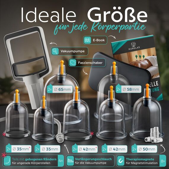 KURGLAS Schröpfgläser mit Vakuumpumpe [14 Stück] - Medizinische Schröpfen mit Therapiemagneten & Faszienschaber - Schröpfset mit e-Book - Schröpfglas aus Kunststoff - Gegen Verspannungen & Cellulite