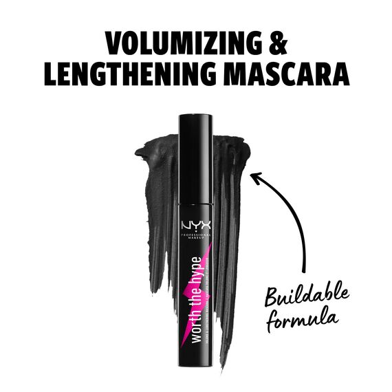 NYX Professional Makeup Worth the Hype Mascara, Für Voluminöse und längerwirkende Wimpern, Spitzzulaufende Bürste erreicht alle Wimpern, Jojoba-Öl, Farbton: Schwarz