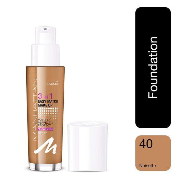 Manhattan 3in1 Easy Match Make Up, ölfreie Foundation für einen makellosen Teint, Farbe 40 noisette, 30ml