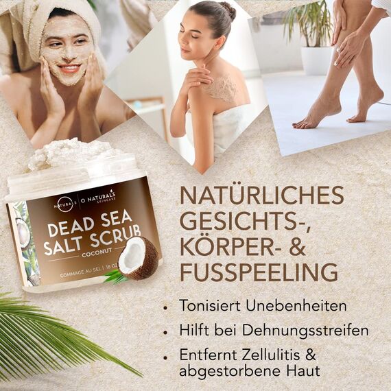 Körperpeeling Salt Body Scrub Peeling Gesicht Peeling Körper Coconut mit Vanilla Feuchtigkeitsspendend Eingewachsene Haare Körner Totes Meer Salz Dead Skin removal Frauen Männer 500g