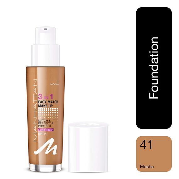 Manhattan 3in1 Easy Match Make-up, Flüssig Foundation für dunkle Haut mit LSF 20, Farbe Mocha 41, 1 x 30ml