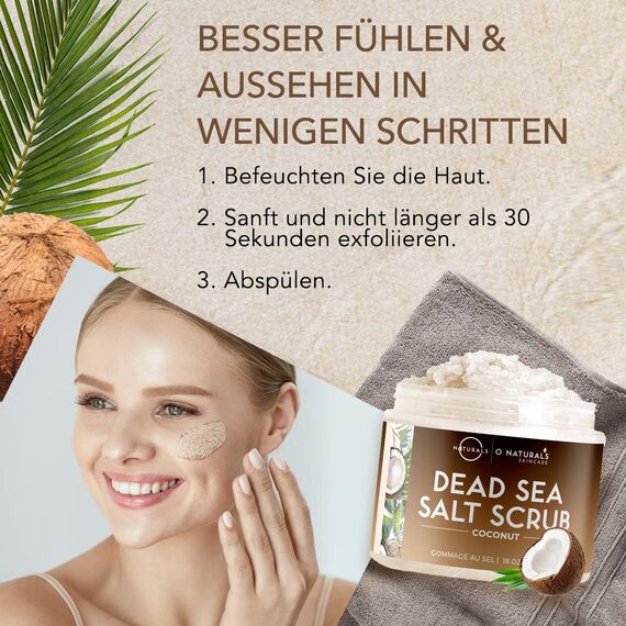 Körperpeeling Salt Body Scrub Peeling Gesicht Peeling Körper Coconut mit Vanilla Feuchtigkeitsspendend Eingewachsene Haare Körner Totes Meer Salz Dead Skin removal Frauen Männer 500g