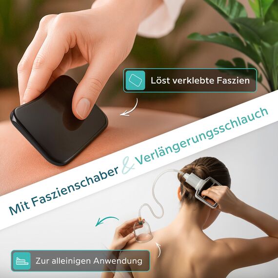 KURGLAS Schröpfgläser mit Vakuumpumpe [14 Stück] - Medizinische Schröpfen mit Therapiemagneten & Faszienschaber - Schröpfset mit e-Book - Schröpfglas aus Kunststoff - Gegen Verspannungen & Cellulite