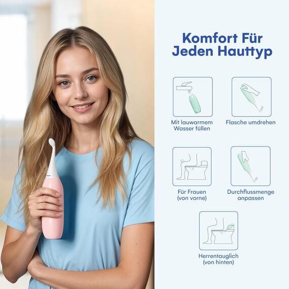 HappyPo Tragbar Po Dusche 300 ml - Tragbares Bidet für Männer und Frauen - Toilette Popodusche Ersetzt Feuchtes Toilettenpapier - Intimdusche für Schwangerschaft, Wochenbett und Reisen - Rosa