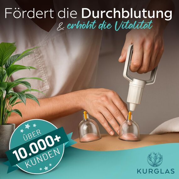 KURGLAS Schröpfgläser mit Vakuumpumpe [14 Stück] - Medizinische Schröpfen mit Therapiemagneten & Faszienschaber - Schröpfset mit e-Book - Schröpfglas aus Kunststoff - Gegen Verspannungen & Cellulite