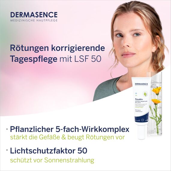 DERMASENCE RosaMin Getönte Tagespflege mit LSF 50, 30 ml – Grüne Creme gegen Rötungen im Gesicht, UV-Schutz, pigmentanpassend, parfümfrei, Couperose Pflege, empfindliche Haut, vegan, leicht getönt