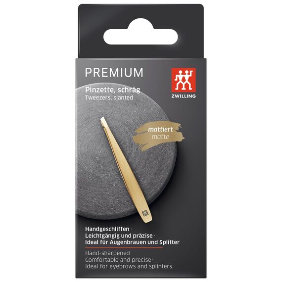 ZWILLING Pinzette Schräg (Zupfen von Augenbrauen, Entfernen von Splittern, handgeschliffene, angeraute Spitzen, hypoallergen), Premium, Gold, 90 mm