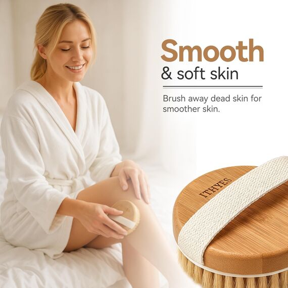 Ithyes Trockenbürste, Körperbürste, Peelingbürste, natürliche Borsten, Badebürste zum Entfernen abgestorbener Haut, Cellulite, verbessert Lymphfunktionen, Peeling
