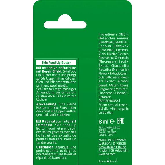 WELEDA Bio Skin Food Lip Butter Lippenpflege - Naturkosmetik Pflege Lippenbalsam Soforthilfe für spröde & trockene Lippen. Nachhaltiger Lippenstift mit Bienenwachs, Lanolin & Sonnenblumen Öl (1x 8ml)