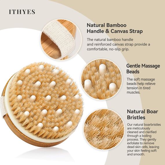 Ithyes Trockenbürste, Körperbürste, Peelingbürste, natürliche Borsten, Badebürste zum Entfernen abgestorbener Haut, Cellulite, verbessert Lymphfunktionen, Peeling