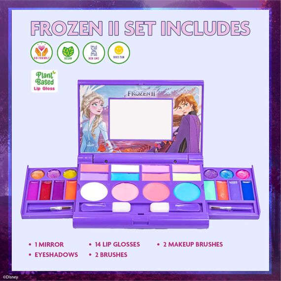 Disney Frozen All-in-One Kids Kosmetik Kompakt Set Waschbarer Lippenglänz, Augenschimmer Wange Schimmer Pinsel Buntes Schönheitsset für Mädchen Kinder Kleinkinder Alter 3+ von Townley Girl