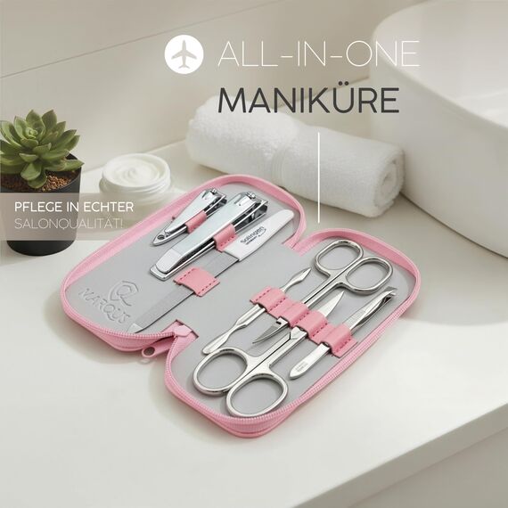 Maniküre Set Solingen - Vergleichssieger - Echt Leder Etui handlich und weich - 7teiliges Nagelset für Damen und Herren marQus aus glanzvernickeltem poliertem Stahl