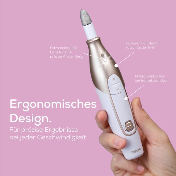 Beurer MP 64 Maniküre/Pediküreset, elektrisches Nagelpflegeset mit Akku, 10 Aufsätze zur Nagelpflege für schöne Hände und Füße, mit LED Licht, Einheitsgröße, White and gold