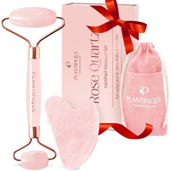 PLANTIFIQUE Rosenquarz Gesichtsroller und Gua Sha Stein Set - Face Roller & Guasha für Gesichtsmassage und reduziert Schwellungen - Face Massager - Massagesteine Gesicht