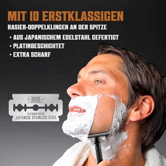 Shaving Revolution Rasierhobel + 10 Rasierklingen - Safety Razor Set Mit 10 Japanischen Rasierklingen Für Rasierhobel Aus Edelstahl - Enge Und Saubere Rasur