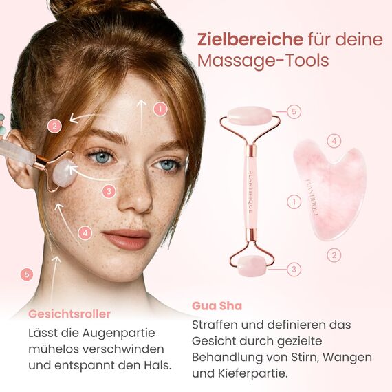 PLANTIFIQUE Rosenquarz Gesichtsroller und Gua Sha Stein Set - Face Roller & Guasha für Gesichtsmassage und reduziert Schwellungen - Face Massager - Massagesteine Gesicht