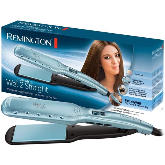 Remington Glätteisen breit Wet2Straight(für Nass-und Trockenanwendung-zum Trocknen & Glätten der Haare, Hitzeaktivierten Anti-Frizz-Mikrowirkstoffe), LCD-Display, 140-230°C, Haarglätter S7350, Türkis