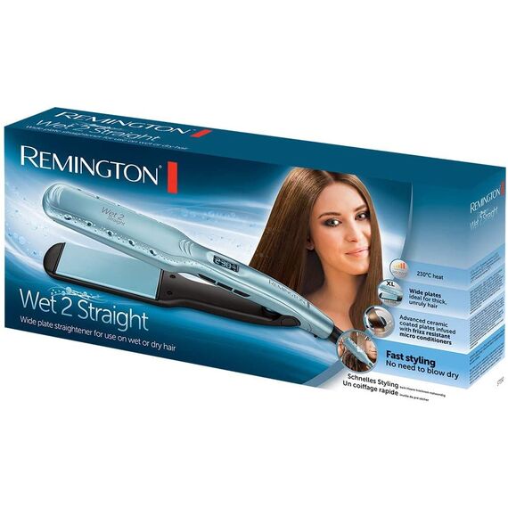 Remington Glätteisen breit Wet2Straight(für Nass-und Trockenanwendung-zum Trocknen & Glätten der Haare, Hitzeaktivierten Anti-Frizz-Mikrowirkstoffe), LCD-Display, 140-230°C, Haarglätter S7350, Türkis