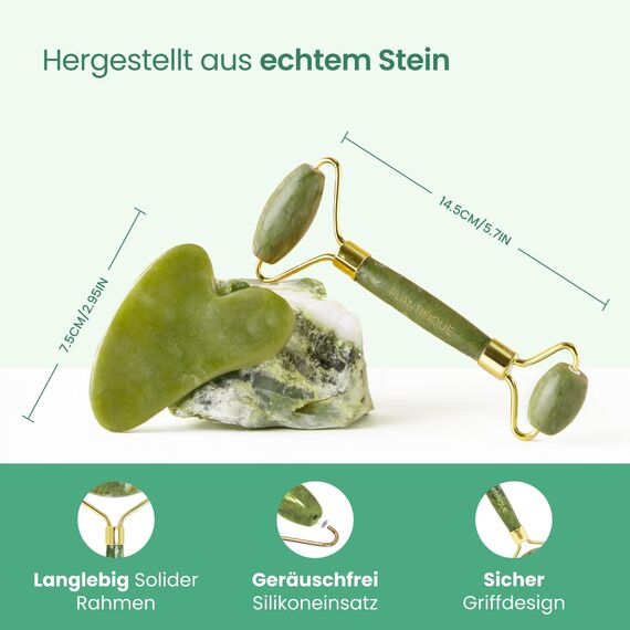 PLANTIFIQUE Jade Gesichtsroller und Gua Sha Stein Set - Natürliches Jade Face Roller & Guasha für Lymphdrainage und Massage Gesicht, Augenroller - Gesichtsmassage Roller