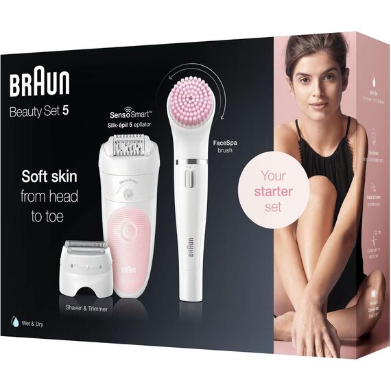 Braun Silk-épil 5 Beauty-Set, Epilierer Damen / Haarentferner, Aufsätze für Rasierer, Peeling, Reinigung für Gesicht und Körper, Tasche, 5-895, weiß/flamingo
