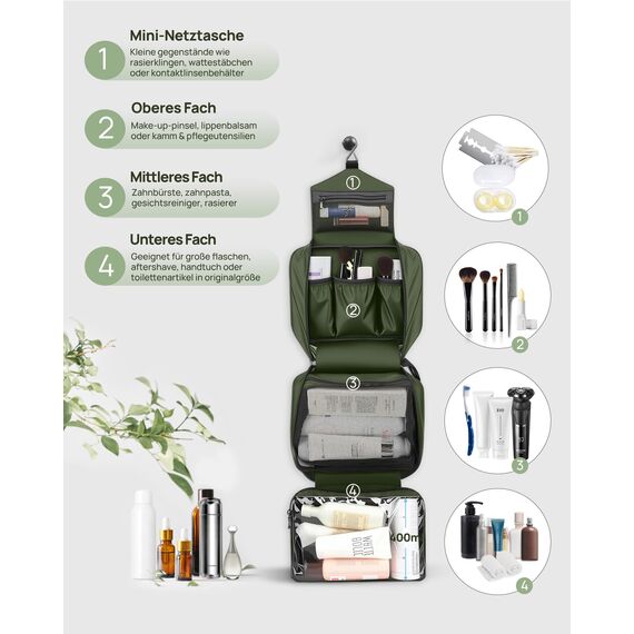 Carttiya Kulturbeutel zum Aufhängen, Kulturbeutel Herren Damen, Kosmetiktasche Groß Waschtasche Reise Waschbeutel Cosmetic Bag Makeup Tasche Kulturtaschen Toilettentasche mit Haken (Dunkelgrün)