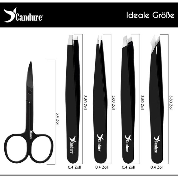 Candure Eyebrow Tweezers Set for Professionals (5Piece) – Stainless Steel Precision Tweezers for Ingrown Hair, Facial Hair, Splinter and Blackhead Remover (Schwarz - 5 Stück)
