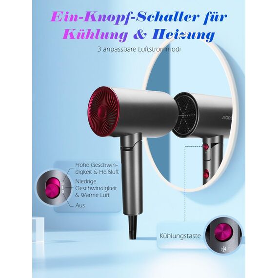 Aigostar - 2100W Reisehaartrockner, Reise haartrockner, Fohn, Fön, Klappgriff, 3 Temperaturen / 2 Geschwindigkeiten, Überhitzungsschutz, Grau (Aufbewahrungstasche wird zufällig versandt)
