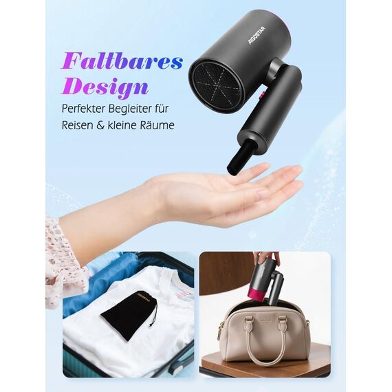 Aigostar - 2100W Reisehaartrockner, Reise haartrockner, Fohn, Fön, Klappgriff, 3 Temperaturen / 2 Geschwindigkeiten, Überhitzungsschutz, Grau (Aufbewahrungstasche wird zufällig versandt)