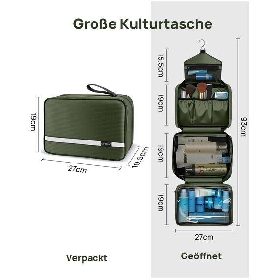 Carttiya Kulturbeutel zum Aufhängen, Kulturbeutel Herren Damen, Kosmetiktasche Groß Waschtasche Reise Waschbeutel Cosmetic Bag Makeup Tasche Kulturtaschen Toilettentasche mit Haken (Dunkelgrün)
