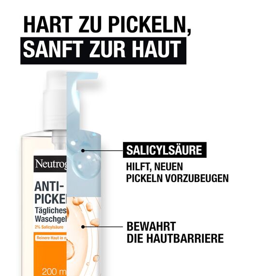 Neutrogena Anti-Pickel Tägliches Waschgel 200ml,sanftes Anti Pickel Gel mit 2Prozent Salicylsäure BHA,porentiefe Gesichtsreinigung hilft die Haut zu glätten,entfernt überschüssiges Öl und Unreinheiten