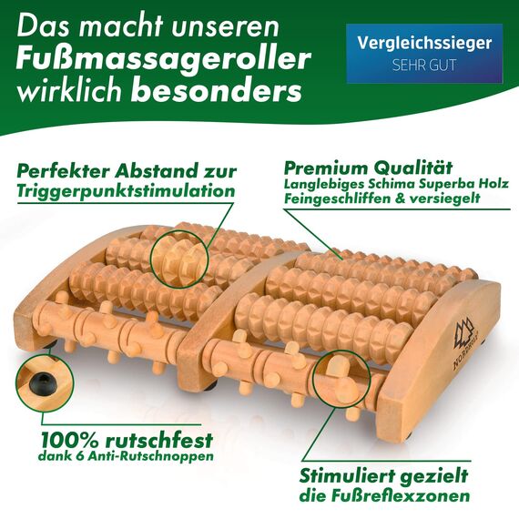 NORDHOLZ® Fußmassageroller Holz zur Stressreduzierung und Entspannung durch Triggerpunkt-Therapie - Fußmassage für Zuhause & Büro - Fußroller Holz zur Vorbeugung & Linderung von Schmerzen