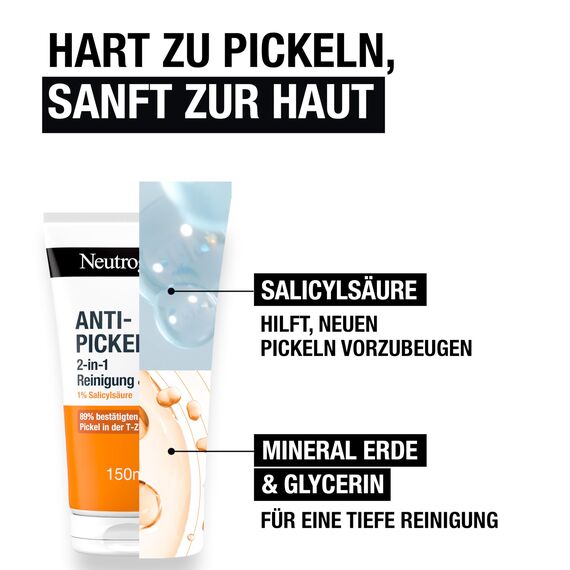 Neutrogena Anti-Pickel 2-in-1 Reinigung und Maske 150 ml,klärende Gesichtsreinigung + Maske mit 1Prozent Salicylsäure BHA,Anti Pickel Maske mit Glycerin für porentiefe Reinigung ohne austrocknen