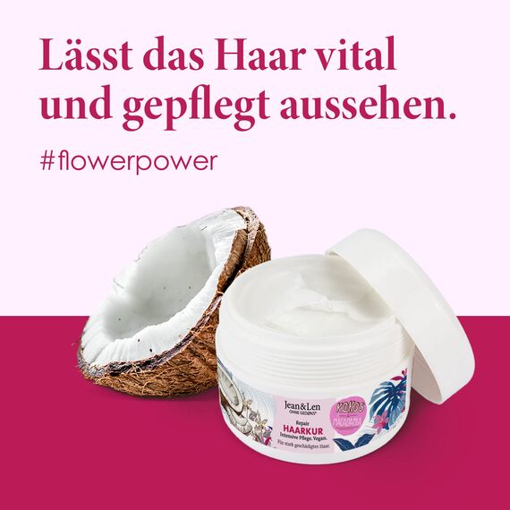 Jean & Len Repair Haarkur Kokosöl & Macadamia, für stark geschädigtes Haar, wirkt Haarbruch entgegen, Kokos & Macadamia Duft, ohne Parabene und Silikone, vegan, 250ml