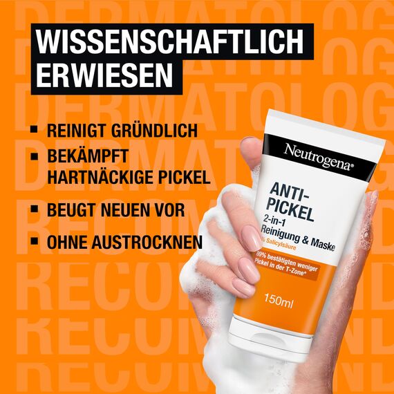 Neutrogena Anti-Pickel 2-in-1 Reinigung und Maske 150 ml,klärende Gesichtsreinigung + Maske mit 1Prozent Salicylsäure BHA,Anti Pickel Maske mit Glycerin für porentiefe Reinigung ohne austrocknen