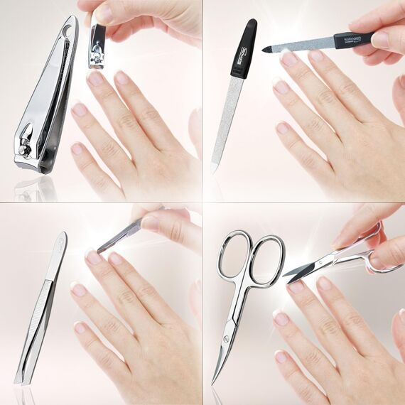 marQus Maniküre Set 4 teilig praktisch und kompakt- mit Feile aus Solingen, das praktische Nagelpflegeset für alle Fälle und Taschen, Reise Nageletui Farbe: Rot