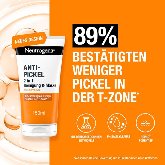 Neutrogena Anti-Pickel 2-in-1 Reinigung und Maske 150 ml,klärende Gesichtsreinigung + Maske mit 1Prozent Salicylsäure BHA,Anti Pickel Maske mit Glycerin für porentiefe Reinigung ohne austrocknen