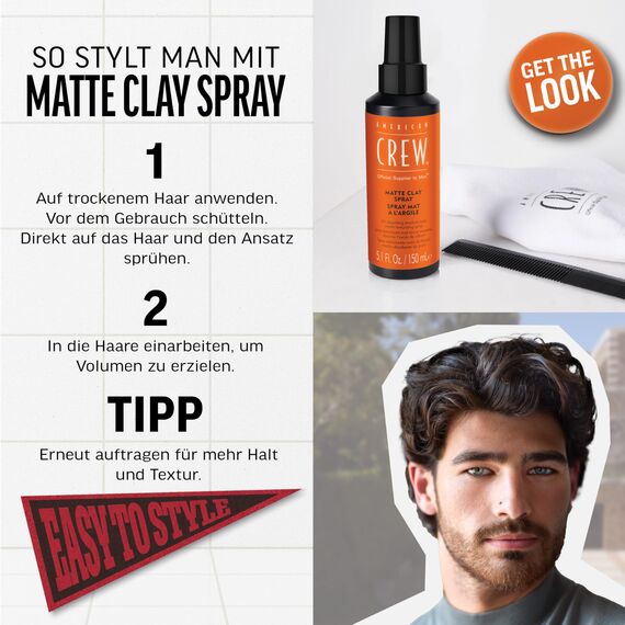AMERICAN CREW – Matte Clay Spray, 150 ml, ölabsorbierendes Texturspray für Männer, Haarprodukt mit mittlerem bis starkem Halt, Stylingprodukt für optimale Formbarkeit, Volumen & matten Look