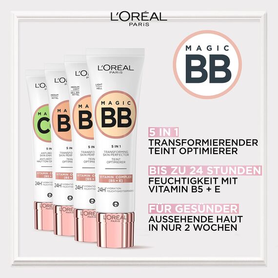 L'Oréal Paris Getönte Tagescreme, Für 24h Feuchtigkeit und einen ebenmäßigen Teint, Magic BB Teint Optimierer, Nr. 01 Very Light (Sehr Hell), 1 x 30 ml