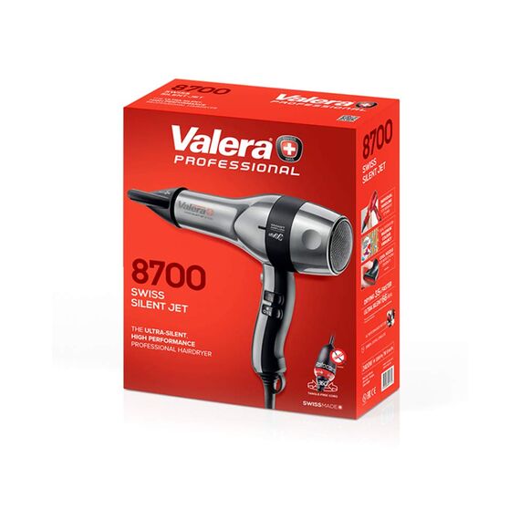 Valera, Swiss Silent Jet 8700, Professioneller Haartrockner, leicht & leise, leistungsstarker Motor, 3 Temperaturstufen, Ionen-Generator, verdrehsicheres Super-Flex-Kabel, 2400 W, Grau-Schwarz