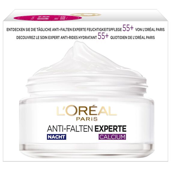 L'Oréal Paris Nachtpflege für das Gesicht, Feuchtigkeitspendende Anti-Aging Nachtcreme mit Calcium zur Minderung von Falten, Anti-Falten Experte 55+, 1 x 50 ml