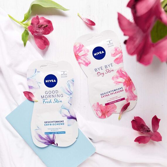 NIVEA Bye Bye Dry Skin Gesichtsmaske, intensive Gesichtspflege Maske für trockene Haut, Hautpflege Maske mit Honigextrakt und natürlichem Mandelöl (2 x 7,5 ml)