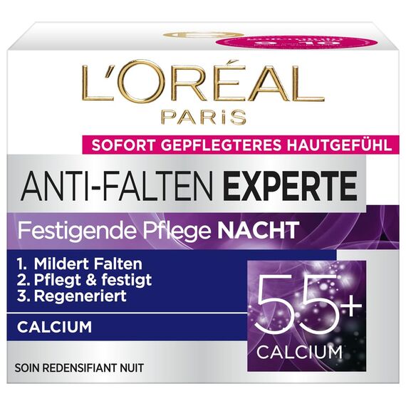 L'Oréal Paris Nachtpflege für das Gesicht, Feuchtigkeitspendende Anti-Aging Nachtcreme mit Calcium zur Minderung von Falten, Anti-Falten Experte 55+, 1 x 50 ml