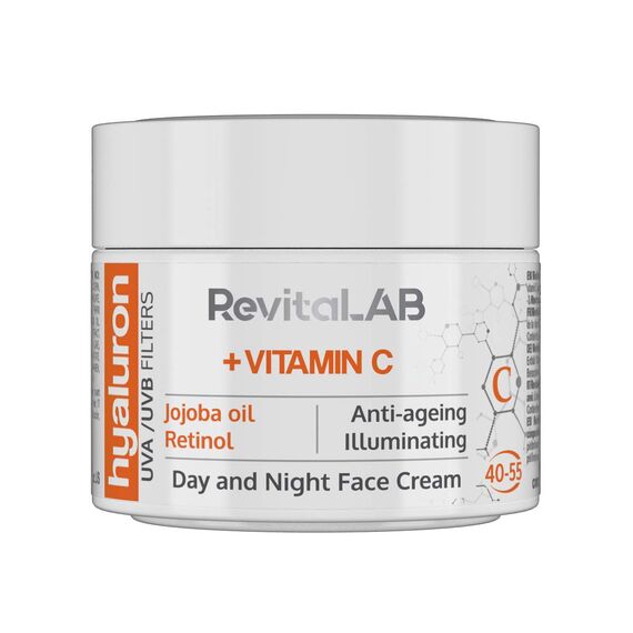 RevitaLAB Hyaluron Anti-Ageing Tages- und Nachtcreme, angereichert mit den Vitaminen C, Jojoba-Öl und UV-Filtern, für Alter zwischen 40 und 55, 50 ml